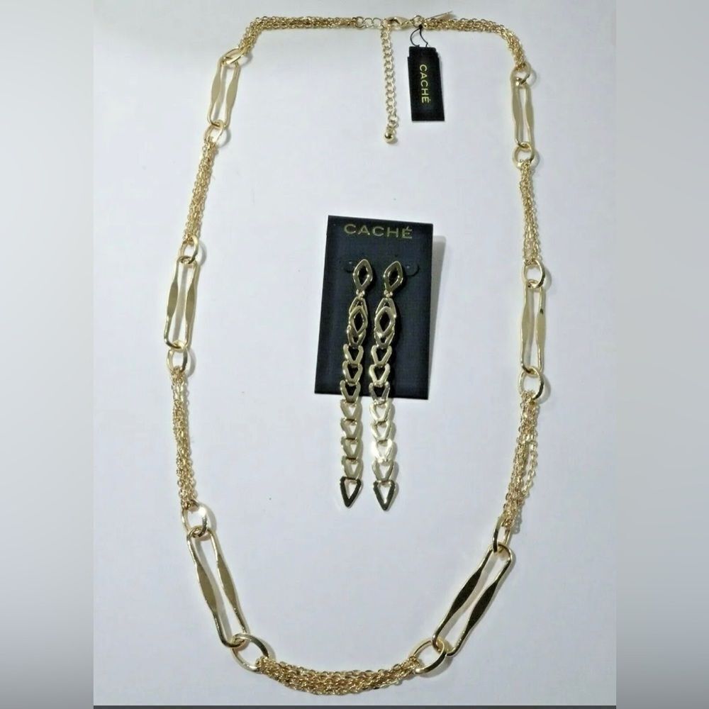 NWT Cache Gold Double Chain Link Layering Necklace & Chain Earrings